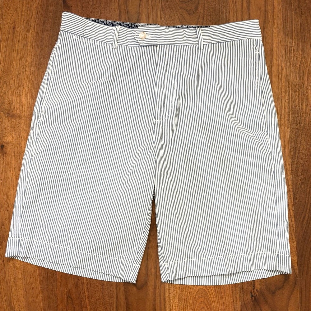 Cremieux Collection Men's Seersucker Shorts 32 Blue White Stripe Cotton Newport